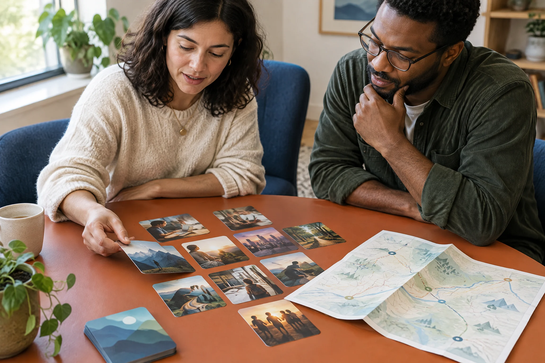 Two people discussing a route map
