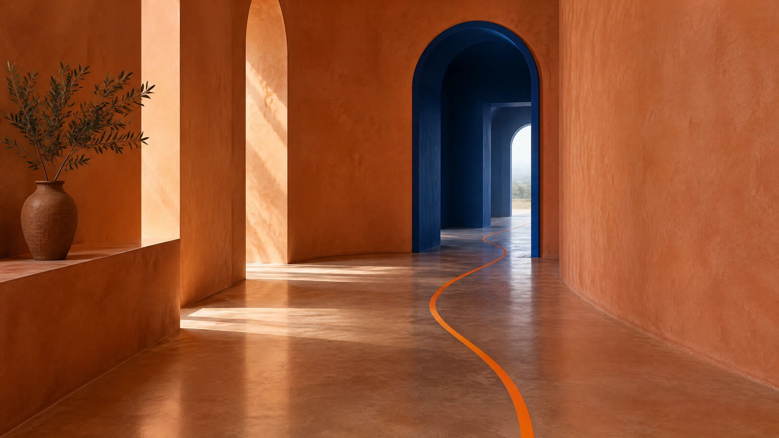 Terracotta hallway and indigo doorway