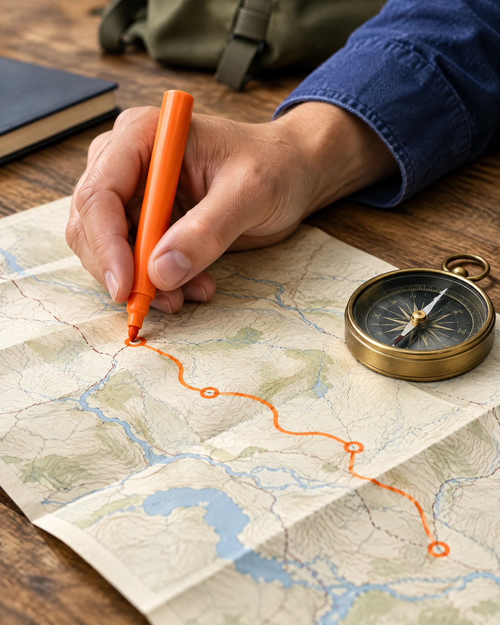 Hand placing marker on career route map